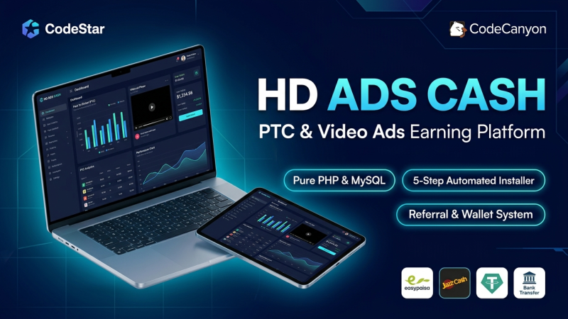 HD Ads Cash - Modern PTC & Video Ads Earning Platform with Automated 5-Step Installer (PHP & MySQL)
