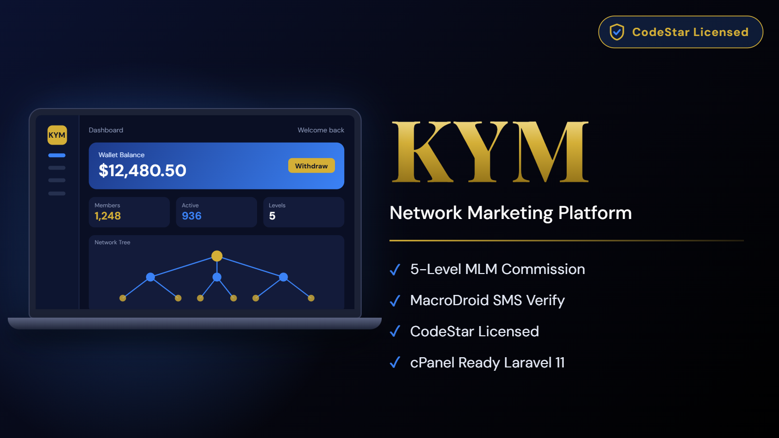 KYM Network Marketing — Laravel MLM Platform with MacroDroid SMS & CodeStar License